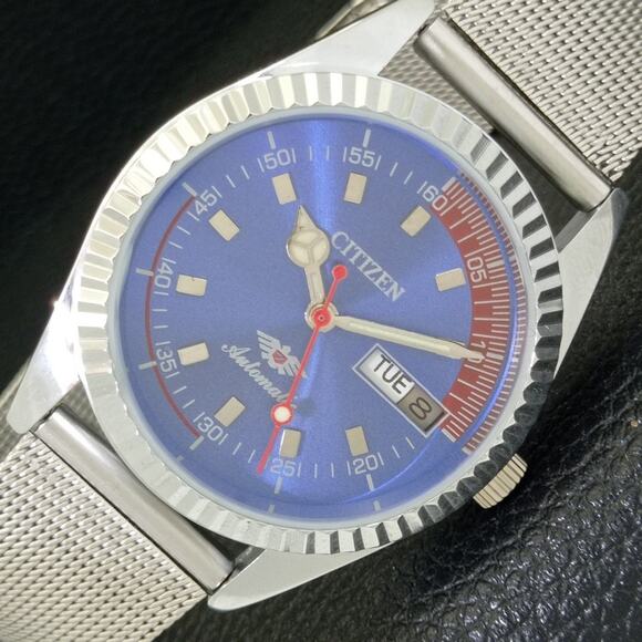 Vintage 1976 Citizen Automatic Mens Silver Watch W/daydate & Blue accents - Picture 1 of 9